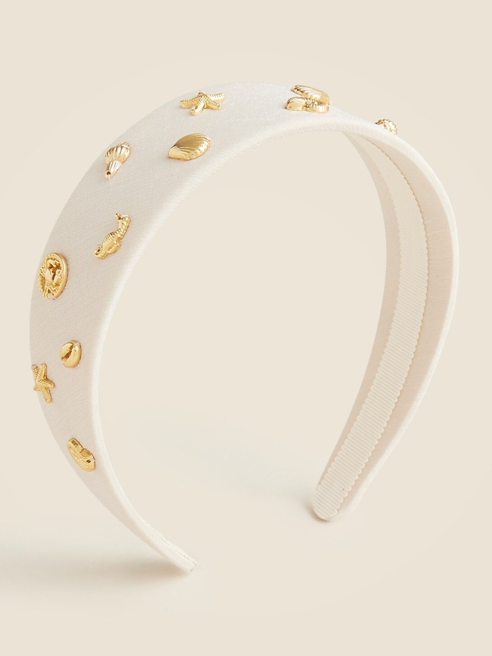 Cream Satin Headband with Gold Shell Accents